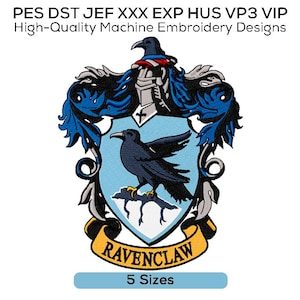 May include: A crest design featuring a black raven on a light blue shield, with the word "RAVENCLAW" on a yellow banner. The crest is surrounded by blue and black decorative elements. Text at the top reads "High-Quality Machine Embroidery Designs".