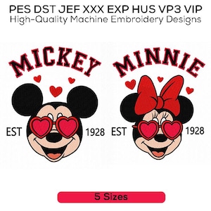 Set da ricamo retrò Topolino e Minnie / Design di coppia carina per San Valentino / 2 design da scaricare immediatamente
