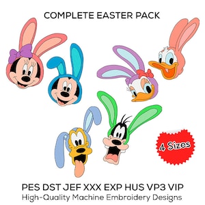 Easter Mickey, Minnie, Donald, Daisy, Pluto, Goofy Rabbit Bunny Ears, Complete Machine Embroidery Design, Full Pack Files, Instant Download