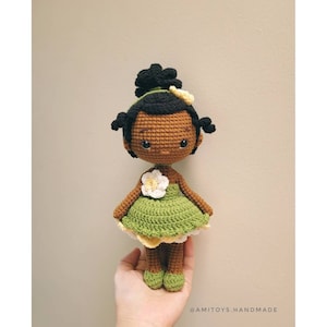 Crochet Princess Doll, Crochet Disney Doll,Tiana,Handmade Doll,Amigurumi Doll,Black Skin Doll,Plushie Handmade Gift for Kids, Christmas Gift