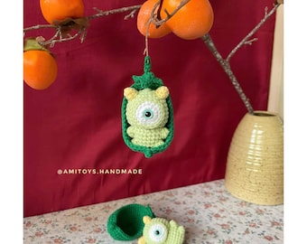 Handmade Crochet Pea Pod Monster Plushie: Green Monster Keychain