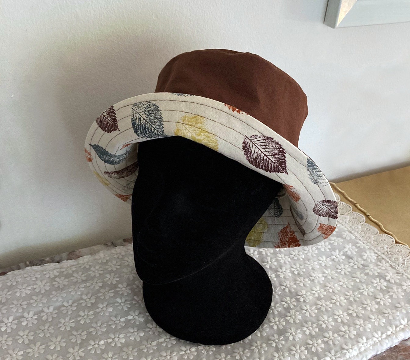 Lovely Bucket Hat , Reversible ,brown ,soil Color , Creamy Ivory,  Lightweight , Fall ,autumn Colors ,leaves ,cotton Fabric Made in USA 