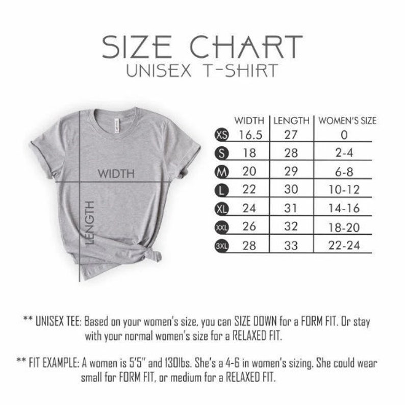 May include: Unisex t-shirt size chart with measurements in inches. The chart shows width, length, and women's size equivalents. The chart includes sizes XS, S, M, L, XL, XXL, and 3XL.