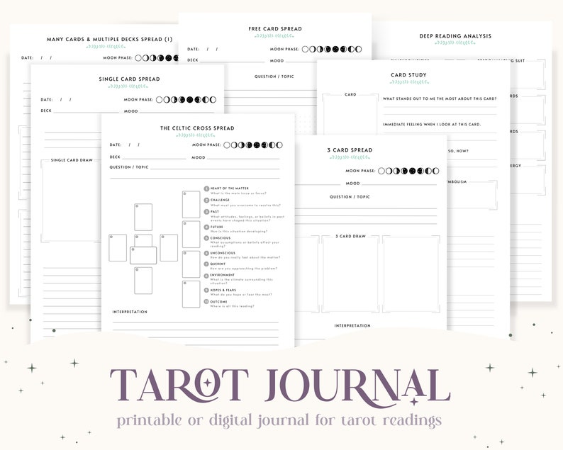 Tarot Journal Pages PDF Printable Digital Download For Grimoire, Book of Shadows, Witchy Journal