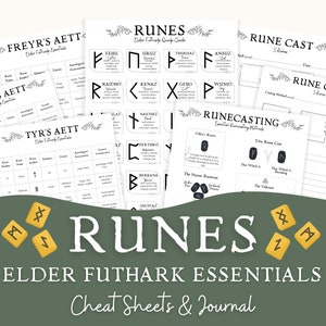 Runen Elder Futhark Essentials Cheat Sheets en Journal, Rune betekenissen en spreads, Noorse heidense waarzeggerij, Grimoire, Witch Book of Shadows