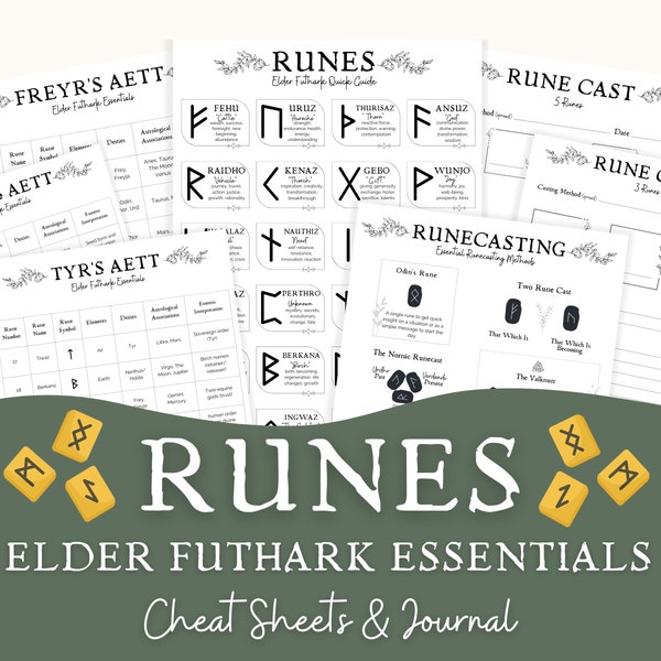 Runes Elder Futhark Essentials Cheat Sheets and Journal, Rune Meanings and Spreads, Norse Pagan Divination, Grimoire, Witch Book of Shadows