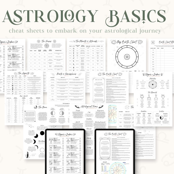 Astrologie Basics Spickzettel, Grundlagen der Astrologie 101, Geburtshoroskop, Geburtshoroskop, druckbare Astrologie-Anleitung für Anfänger oder Fortgeschrittene