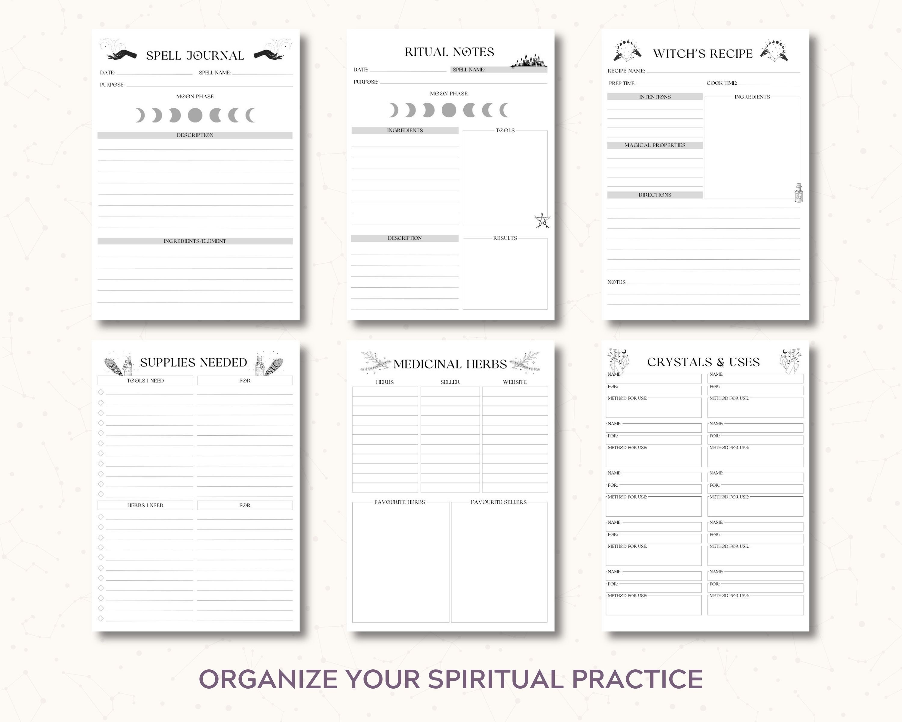 The Witch's Planner, A Printable Witchy Planner Including Moon Phases, Spell Tracking Journal ...