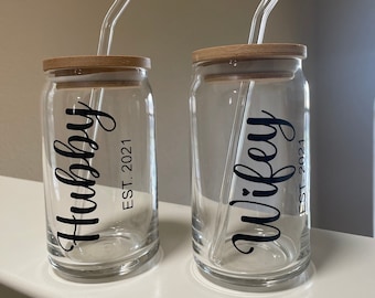 Hubby and Wifey Est Glass Cups | Iced Coffee Glass Can | Wedding Glasses | Gift for Newlywed Anniversary | Bridal Shower Gift | Wedding Gift