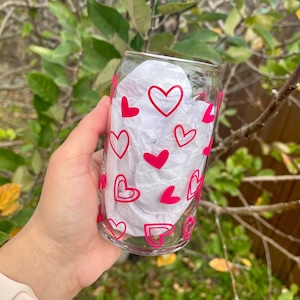 Hearts Reusable Glass Cup | Iced Coffee Glass Can | Pink Hearts Iced Coffee Cup | Reusable Coffee Cup | Beer Glass Can | Valentine&#39;s Gift