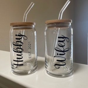 Hubby and Wifey Est Glass Cups | Iced Coffee Glass Can | Wedding Glasses | Gift for Newlywed Anniversary | Bridal Shower Gift | Wedding Gift