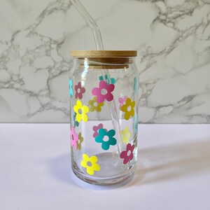 Retro Flowers Reusable Glass Cup | Iced Coffee Glass | Groovy Flowers Boho Iced Coffee Cup | Coffee Cup | Beer Glass Can | Coffee Gift