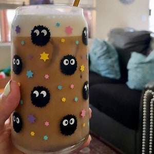 Studio Ghibli Soot Sprite Reusable Glass Cup | Iced Coffee Glass | Anime Iced Coffee Cup | Coffee Cup | Beer Glass Can | Spirited Away Gift