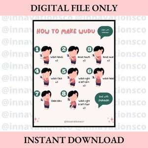 May include: Digital file with instructions on how to perform Wudu, a ritual cleansing in Islam. The image features a step-by-step guide with illustrations and text, including the text "DIGITAL FILE ONLY" and "INSTANT DOWNLOAD".