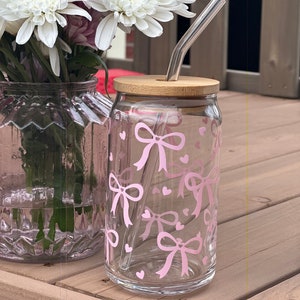 Bow Coquette Aesthetic Reusable Glass Cup | Iced Coffee Glass | Pink Bows and Hearts Glass Cup Iced Coffee Cup | Coffee Cup | Coffee Gift