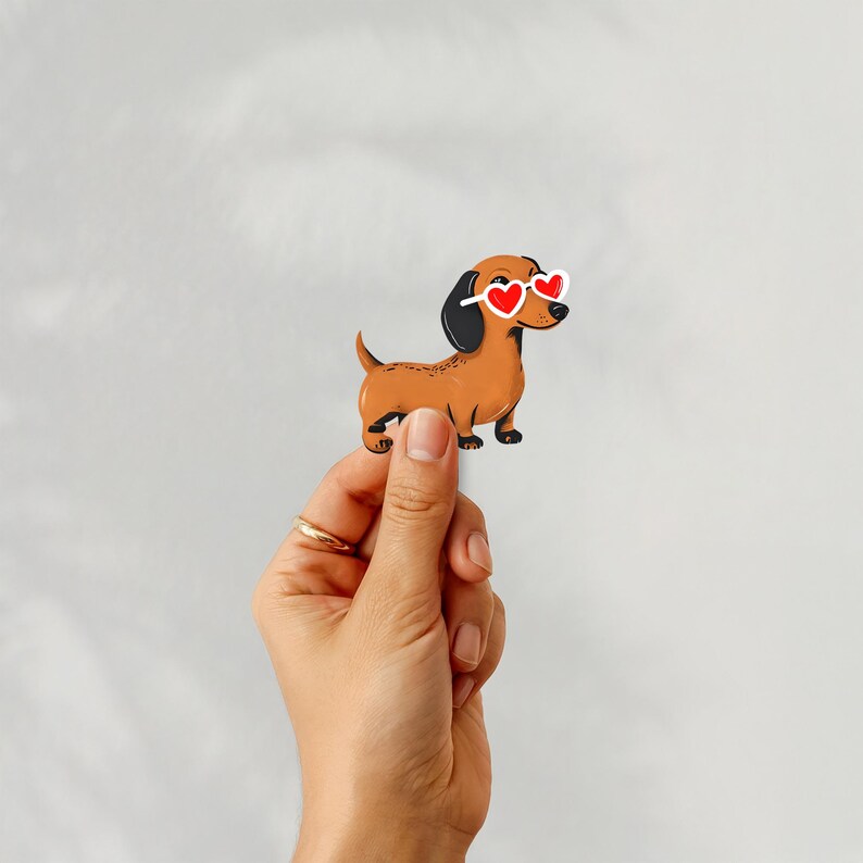May include: A brown dachshund dog wearing heart-shaped sunglasses. The dog has black ears and a black tail. The dog is standing on a white background.
