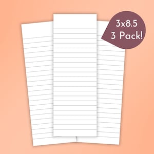 May include: Three lined white notepads, each 3 x 8.5 inches, are displayed against a peach background. A maroon speech bubble indicates a 3-pack. The notepads have horizontal gray lines for writing.