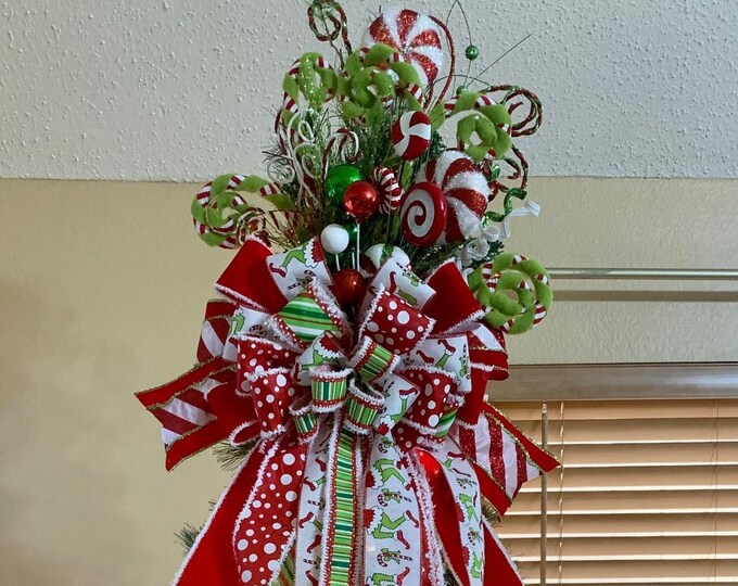 Extra Large Grinch Like Christmas Tree Topper, Large Bow, Decorated