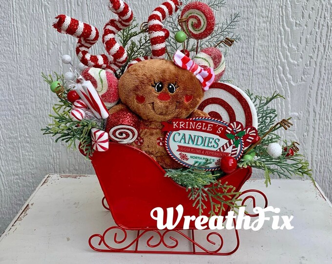 Gingerbread Girl Centerpiece, Red Sleigh Arrangement, Peppermint