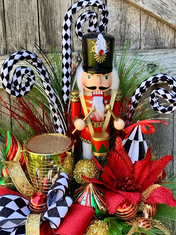 Large Nutcracker Arrangement, Table Decor, Holiday Centerpiece, Christmas Drum Centerpiece, Elegant Arrangement, Harlequin,  Gift