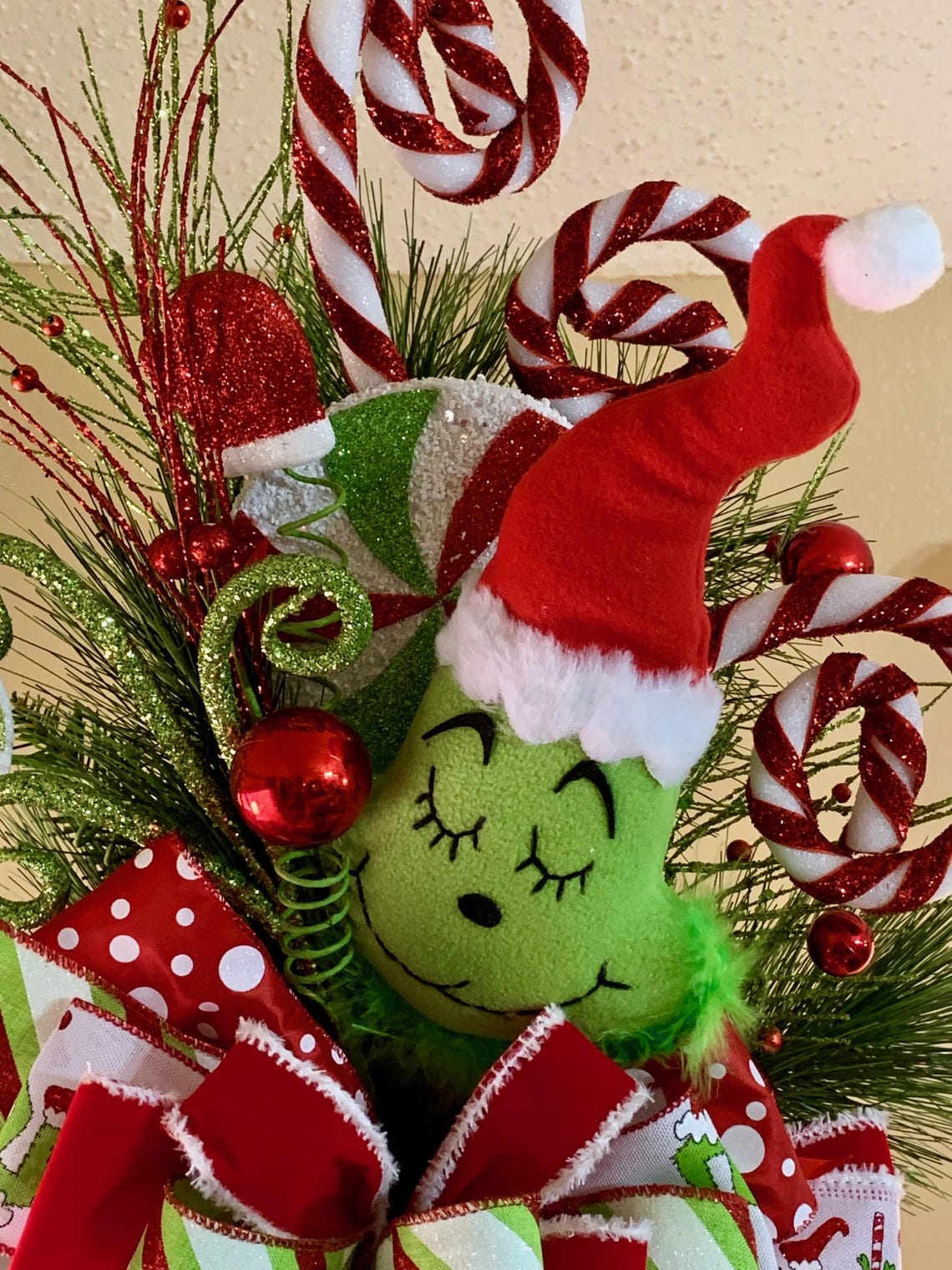 Grinch Inspired Tree Topper, Monster Head, Monster Ribbon, Christmas ...