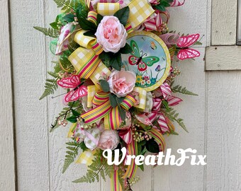 Spring Swag, Summer Wreath, Door Hanger, Pink Yellow Wreath, Spring Wreath, Butterfly Wreath