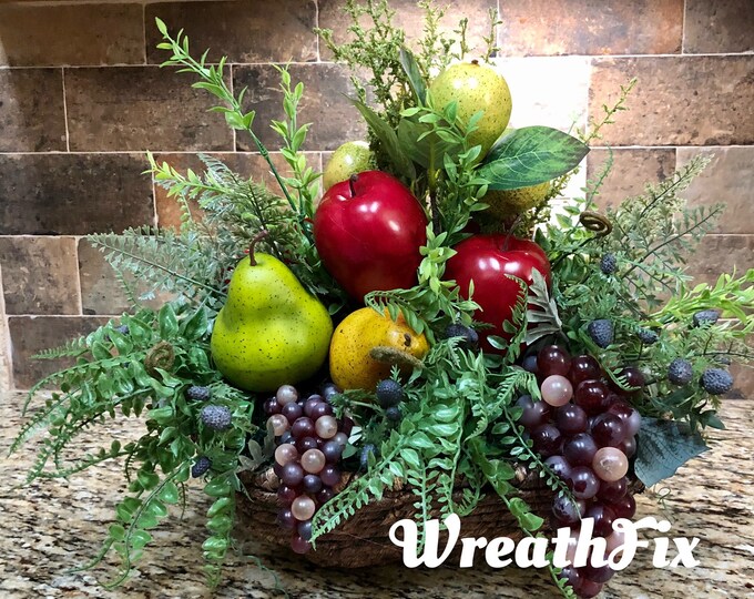 Large Fruit Basket Arrangement, Faux Greenery and Fruit Basket, Kitchen