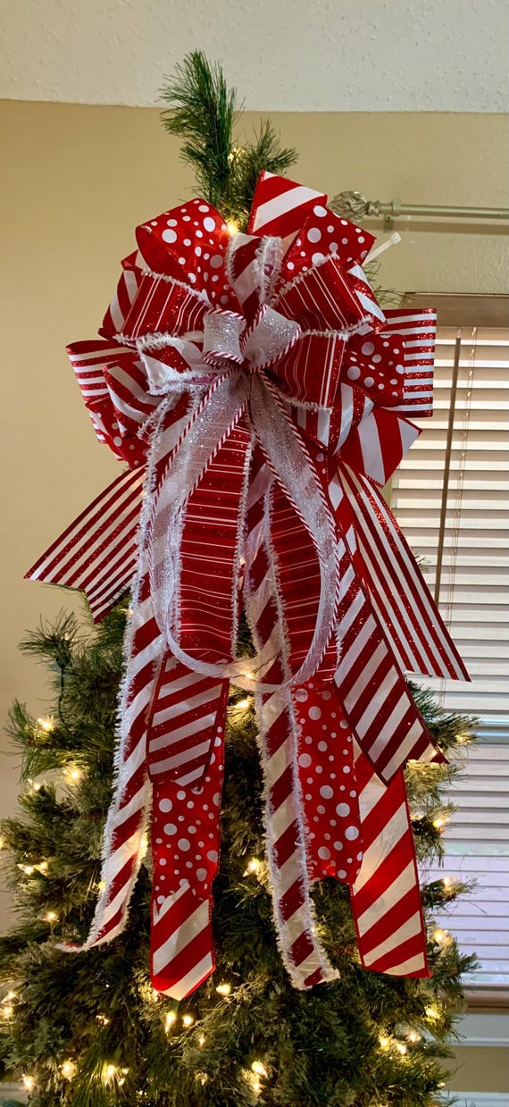 Large Tree Topper Bow, Red and White Bow, Christmas Tree Decor, Large Bow, Peppermint Ribbon, Candy Cane Ribbon