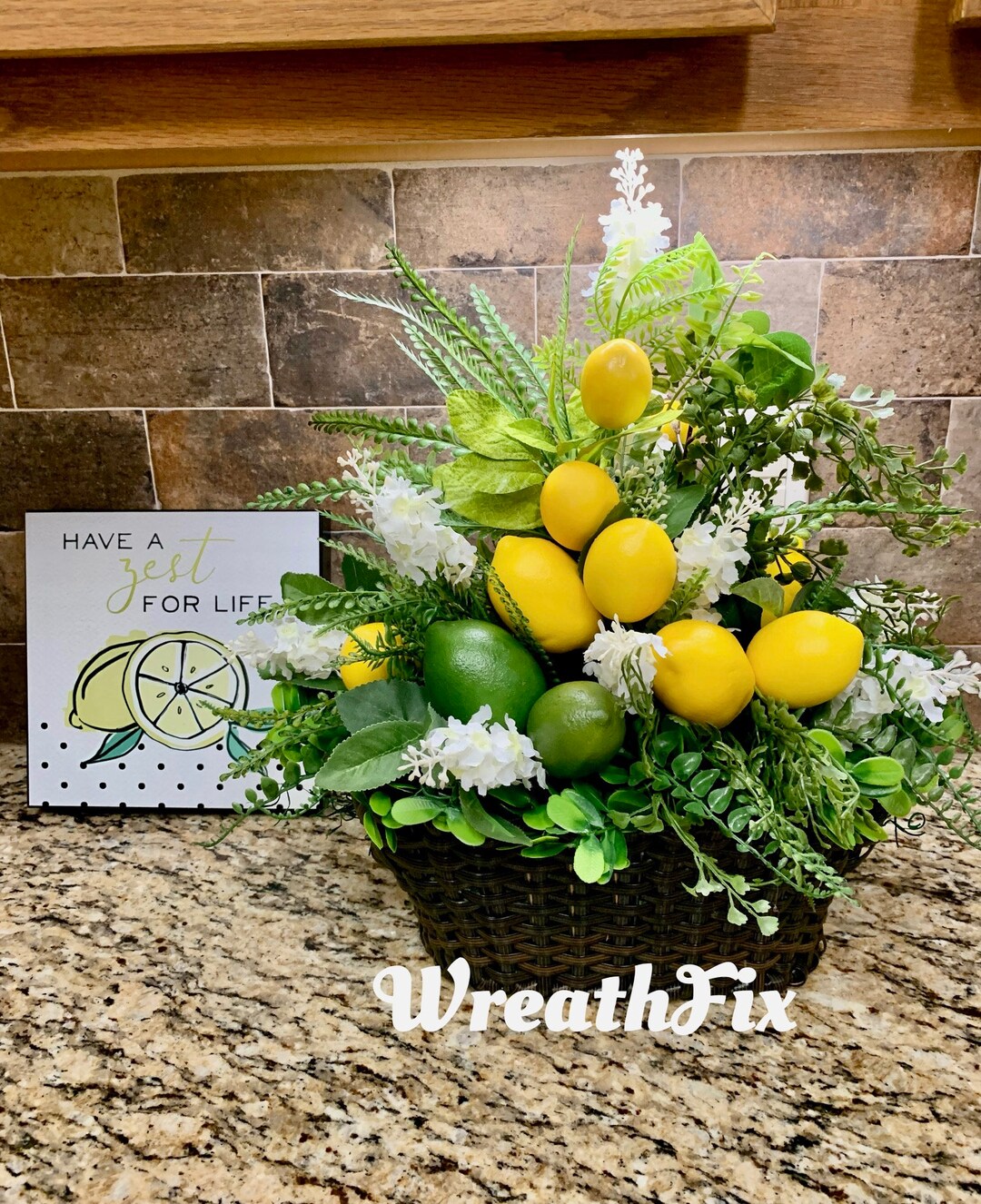 Lemon Basket Arrangement Set, Kitchen Centerpiece, Greenery Basket