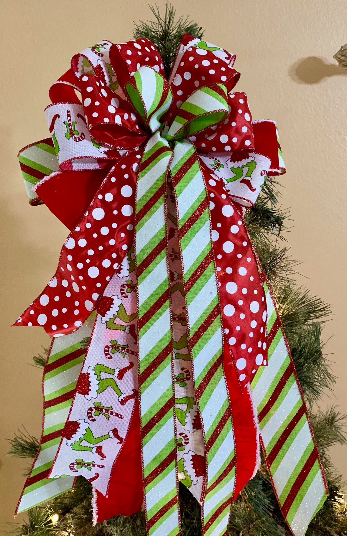 Grinch Inspired Tree Topper Bow, Christmas Tree Decor, Whimsical Bow ...