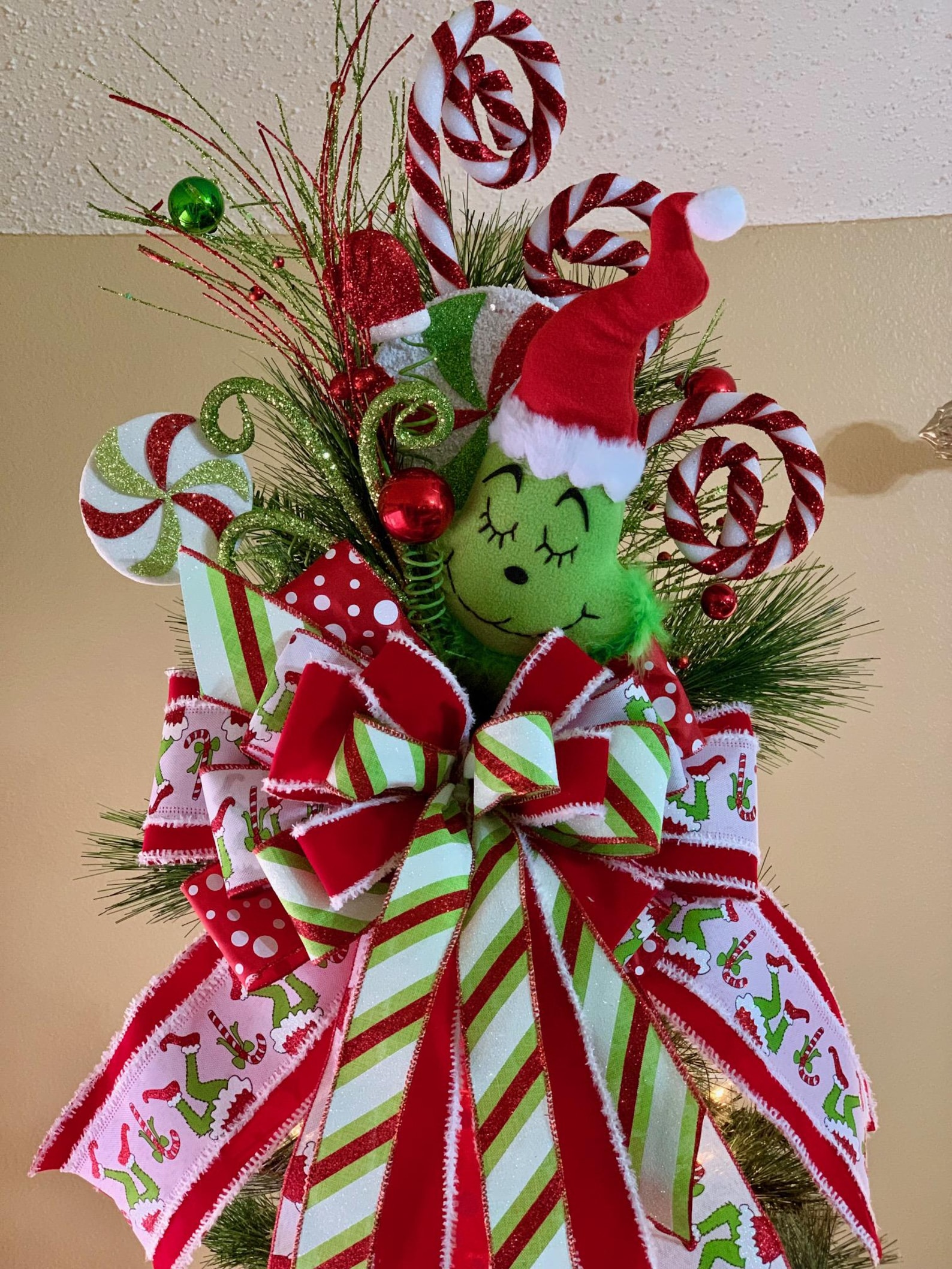 Grinch Inspired Tree Topper, Monster Head, Monster Ribbon, Christmas ...