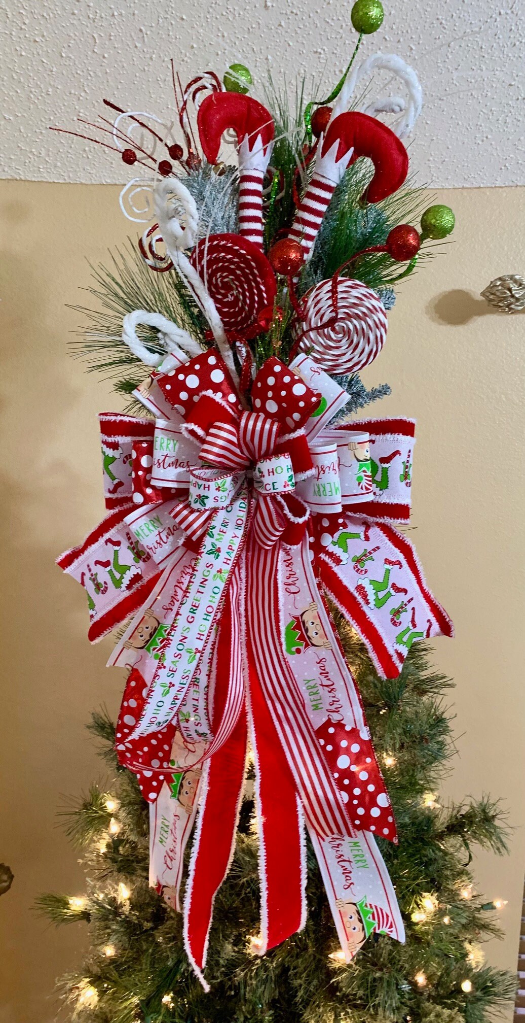 Elf Tree Topper, Elf Legs, Christmas Tree Decor, Grinch Like Ribbon ...