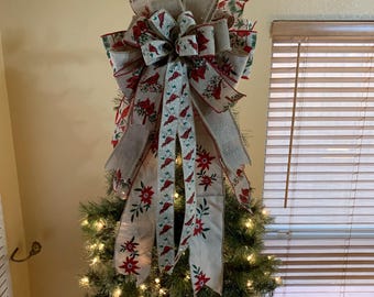 Cardinal Tree Topper Bow, Rustic Christmas Bow, Farmhouse topper, Christmas Tree Decor, Country, Cardinal Bow