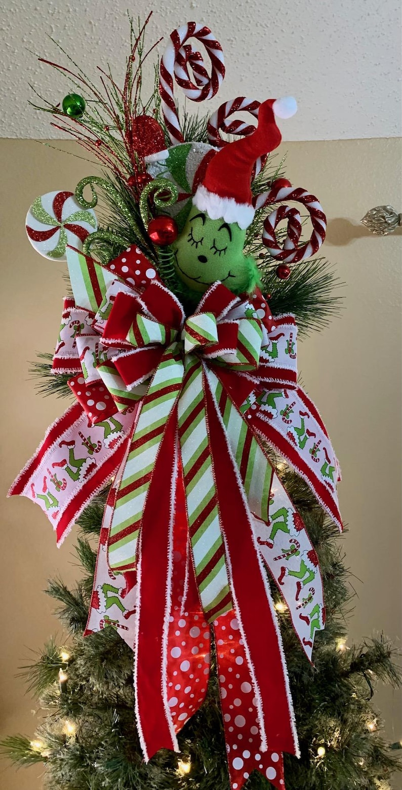 Grinch Inspired Tree Topper, Monster Head, Monster Ribbon, Christmas ...