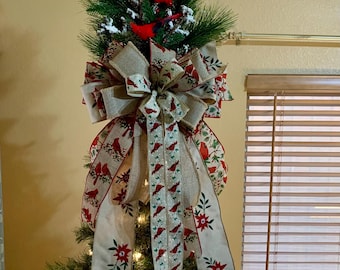 Cardinal Tree Topper, Rustic Cardinal Topper, Farmhouse topper, Christmas Tree Decor, Rustic Christmas Bow, Country, Cardinal Bow