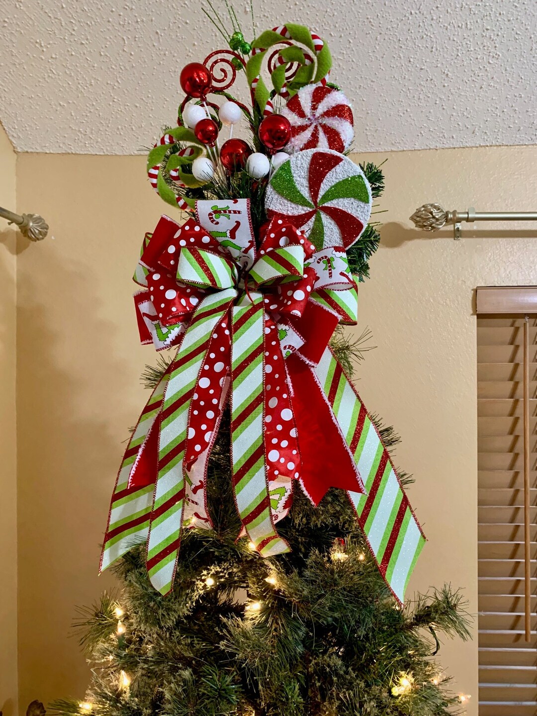 Medium Grinch Inspired Tree Topper, Monster Ribbon, Christmas Tree