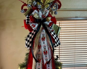 Large Nutcracker Tree Topper, Elegant Tree topper, Christmas Tree Decor, Harlequin Ribbon, Christmas Tree Topper, Christmas Tree Bow