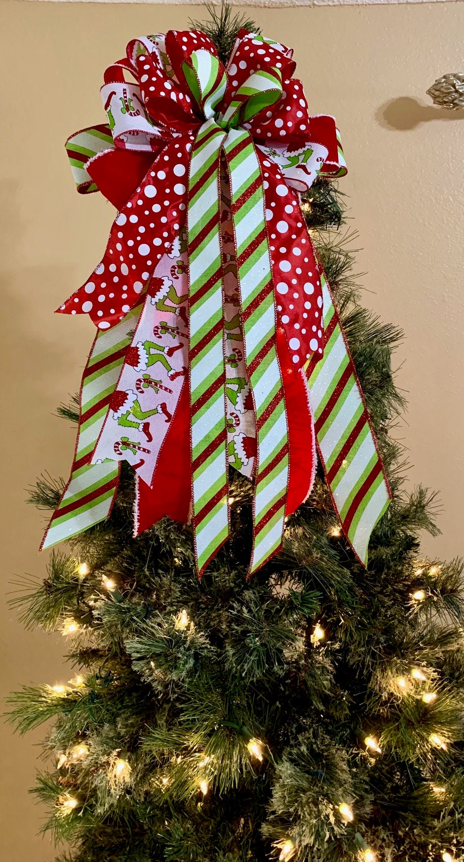 Grinch Inspired Tree Topper Bow, Christmas Tree Decor, Whimsical Bow ...
