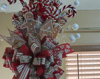Handmade Gingerbread Christmas Tree Topper: Candy Cane Holiday Bow - Etsy