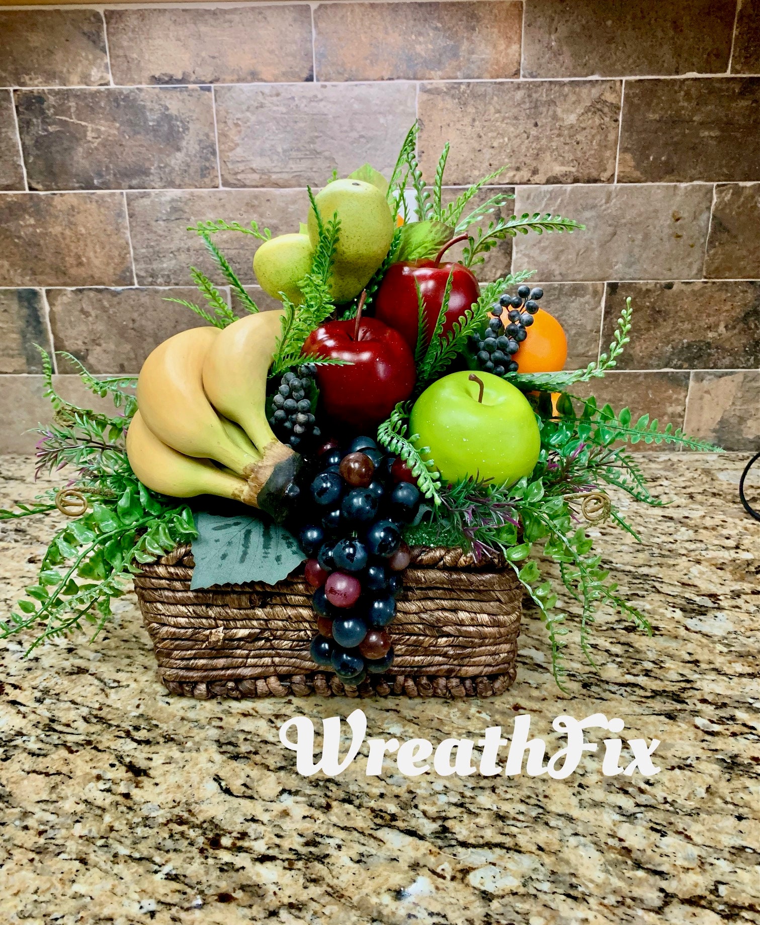 Fruit Basket Arrangement, Faux Greenery and Fruit Basket, Kitchen
