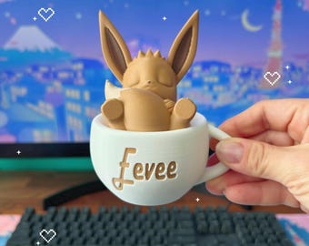 Sleeping Eevee in Cup Desk Buddy, 3D Printed Anime Décor (Pastel Filament)
