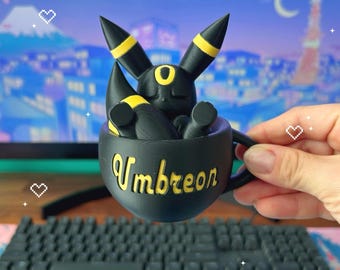 Sleeping Black Fox in Cup, 3D Printed Desk Buddy, Anime Gamer Gift