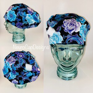 Euro Style Surgical Cap - Purple/Blue Flowers &gt;&gt; women’s scrub cap &gt; euro style &gt;&gt; fall