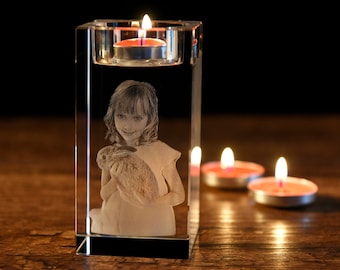 Portavelas de foto 3D personalizado, Foto de cristal 3D grabada con láser, Portavelas de cristal grabado, Votiva de vela conmemorativa, Regalo de retrato personalizado