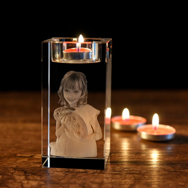 Custom 3D Photo Candle Holder,3D Crystal Photo Laser Engraved,Engraved Crystal Tealight Holder,Memorial Candle Votive,Custom Portrait Gift