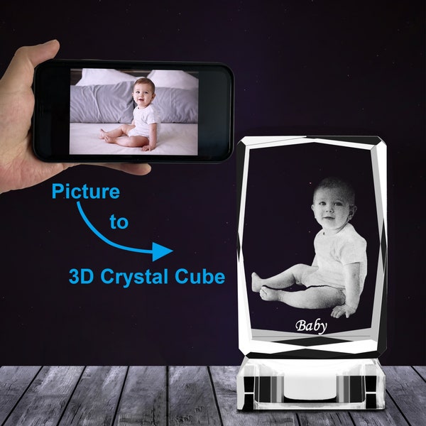 Custom 3D Engraved Crystal Photo Cube with Free LED Base, Crystal 3D Picture Block, Personalized Photo Gift, Customized Picture Present