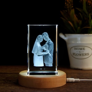Personalized 3D Crystal Photo Gifts, Custom Crystal 3D Photo Cube with LED Base, Laser Engraved 3D Crystal Picture Block, Wedding Gift