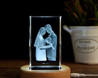 Personalized 3D Crystal Photo Gifts, Custom Crystal 3D Photo Cube with LED Base, Laser Engraved 3D Crystal Picture Block, Wedding Gift