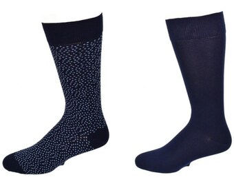 Sierra Socks Men's Socks  Pin Dot and Solid Pattern Combed Cotton 2 Pair Pack Socks Men's Combed Cotton Socks Navy Blue Crew Socks Men