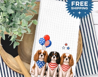 Cavalier King Charles Spaniel 4th of July Towel, Patriotic Cavalier Kitchen Towel,Cavie Dish Towel, Independence Day Decor, Dog Lover Gift